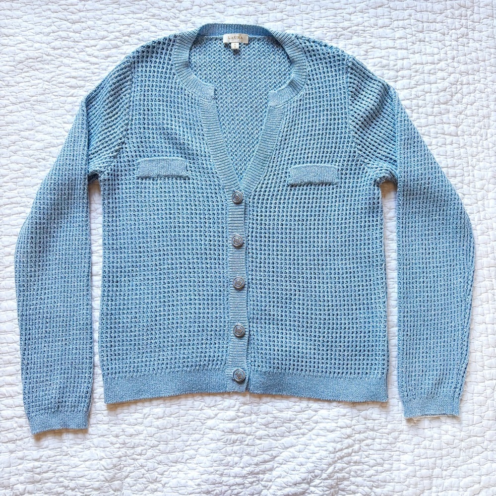 Laura Knit Shimmer Cardigan Sweater - Blue Size Medium